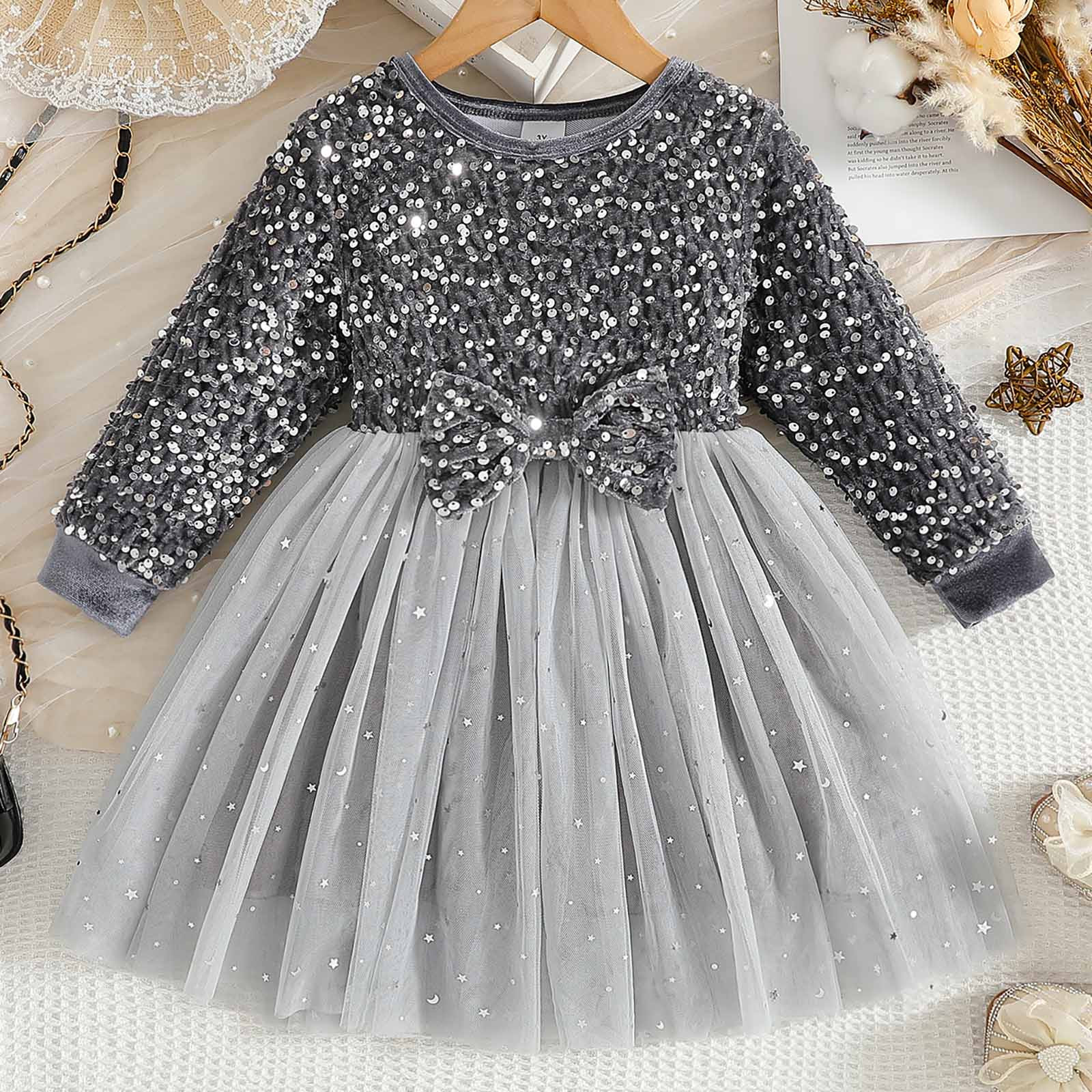 Baby Girls' Dresses Size 3T-10 Long Sleeve Spring Dresses Princess Christmas Birthday Party Sparkly Dresses Silver